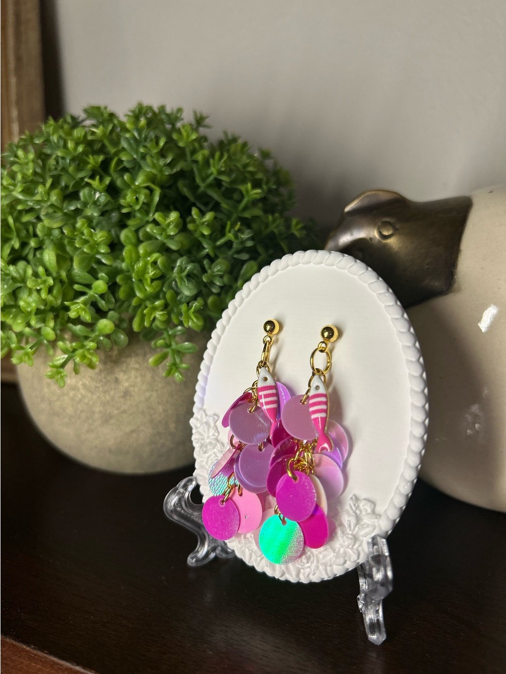 Whimsical Pink Sequin Fish Dangle Earrings
